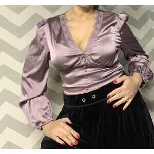 Lavender Satin Love Tree Top Long Sleeve Fairy Romantic Date Night Lg babydoll